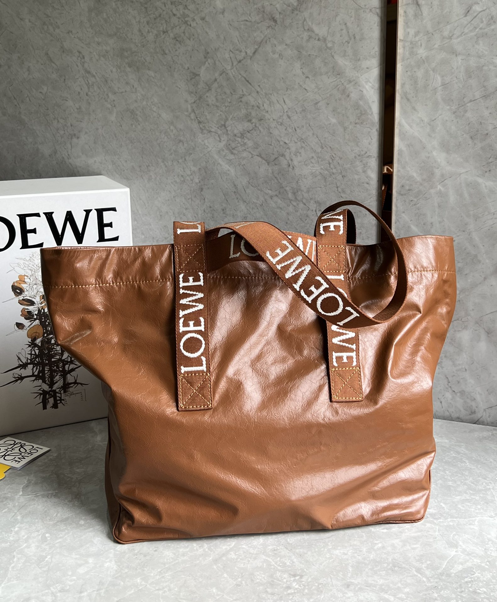 Loewe Fold Shopper in Paper Calfskin Caramel